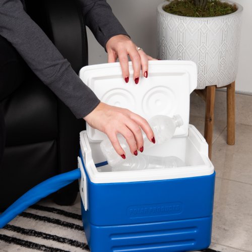 Active Ice 3.0 Foot and Ankle Cold Therapy system with blue 9 Quart Cooler by itself against a white background