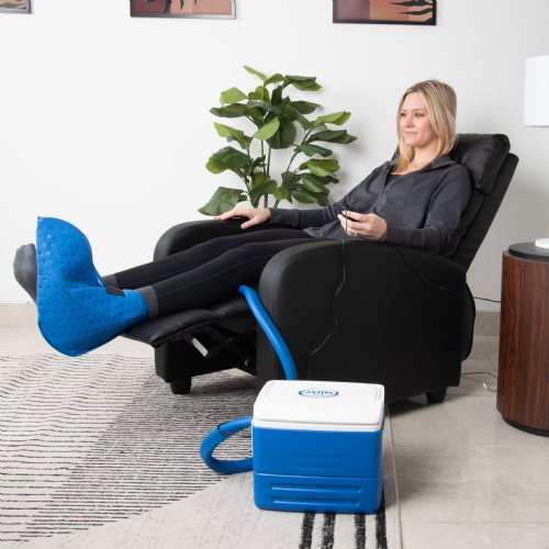 Active Ice 3.0 Foot and Ankle Cold Therapy system with blue 9 Quart Cooler by itself against a white background