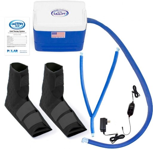 Active Ice 3.0 Double Foot & Ankle Cold Therapy system with blue 9 Quart Cooler by itself against a white background