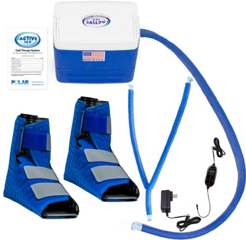 Active Ice 3.0 Double Foot & Ankle Cold Therapy system with blue 9 Quart Cooler by itself against a white background