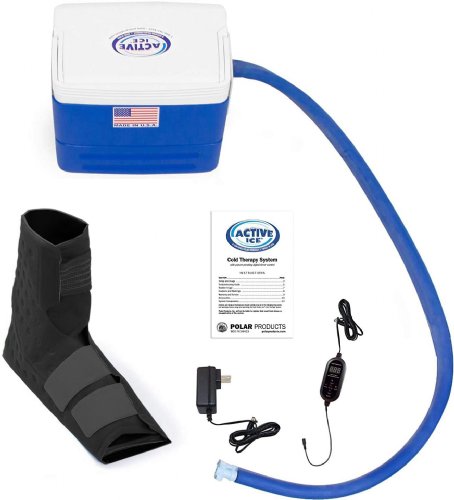Active Ice 3.0 Foot & Ankle Cold Therapy system with blue 9 Quart Cooler by itself against a white background