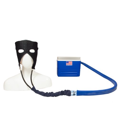 A Mannequin head is wearing the Active Ice3.0 Cold Water Therapy Circulating Face Bladder that is connected to a 9 quart cooling reservoir 