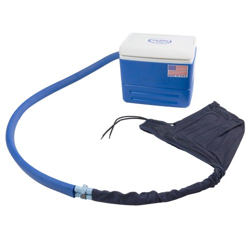 An Active Ice3.0 Cold Water Therapy Head Cap is shown attached to a 9 Quart Cooling Reservoir.