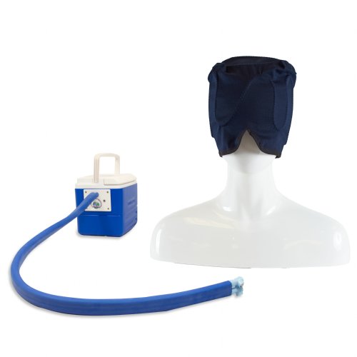 A Mannequin head is wearing an Active Ice3.0 Extended Circulating Cold Water Therapy Headcap in the background a 9 Quart reservoir is visible