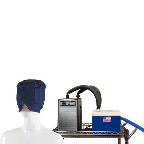 A mannequin head is wearing an Active Ice3.0 Cold Water Circulating Therapy Extended Headcap, a 9 quart reservoir connected to a chiller system is in the background