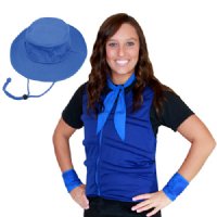 Woman wearing a blue cool comfort evaporative cooling vest, neck tie, wrist wraps and ankle wraps with a bucket hat