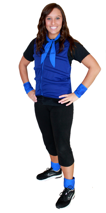 Woman wearing a blue cool comfort evaporative cooling vest, neck tie, wrist wraps and ankle wraps