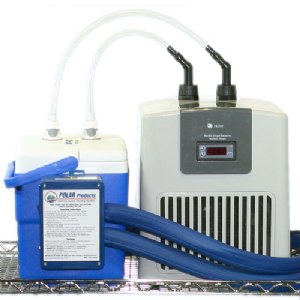 Water chiller system connected to cool flow circulating water cooler with 4 feet of insulated tubing