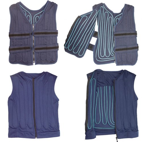 A circulatory fitted and adjustable vest are shown open and closed the open shows the circulatory tubing sewn into the vest