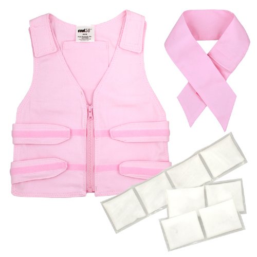 Pink Cool Kids Toddler cooling vest and neck wrap with Cool58 3 x 12 inch and two 3 x 6 inch phase change cooling packs