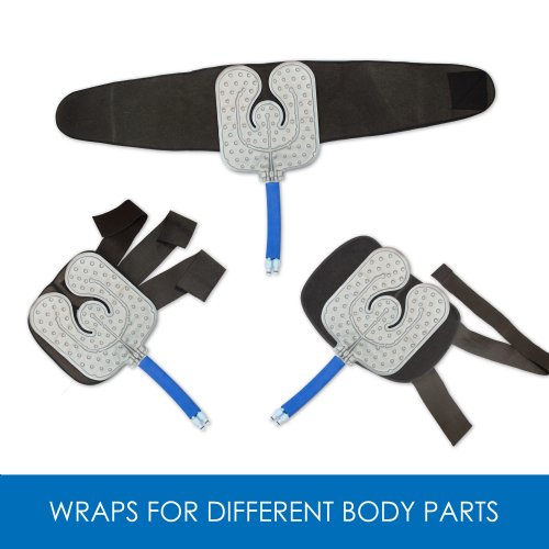 Three Universal Cold therapy Bladders are shown in various compression wraps meant for different parts of the body. There is a blue bar at the bottom with white text saying WRAPS FOR DIFFERENT BODY PARTS