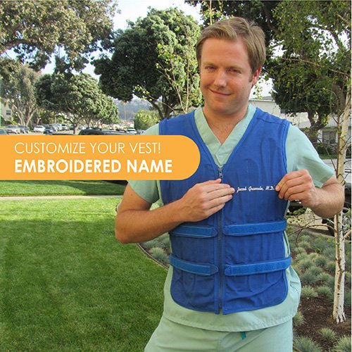 Man wearing Cool Flow adjustable cooling vest with embroidery