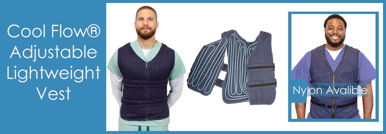 A  man in an adjustable vest is shown to the left a vest showing its circulatory tubing is shown in the middle and a man wearing a nylon adjustable vest is shown to the right