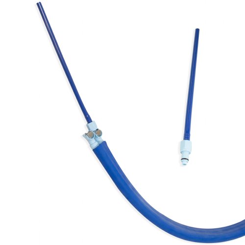 The Active Ice3.0 Drain Accessory is shown twice Once by itself and then connected to the end of the system's tubing The light blue male coupling connects into the female coupling of the system's tubing The thin blue tube of the Drain Accessory stems out