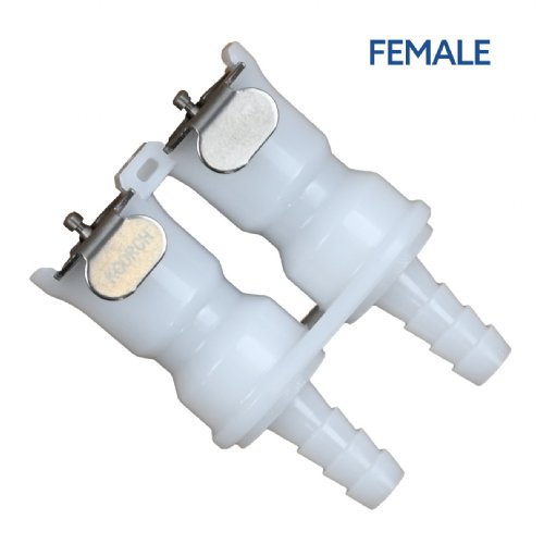 A set of male and female Quick Disconnect dual couplings are shown