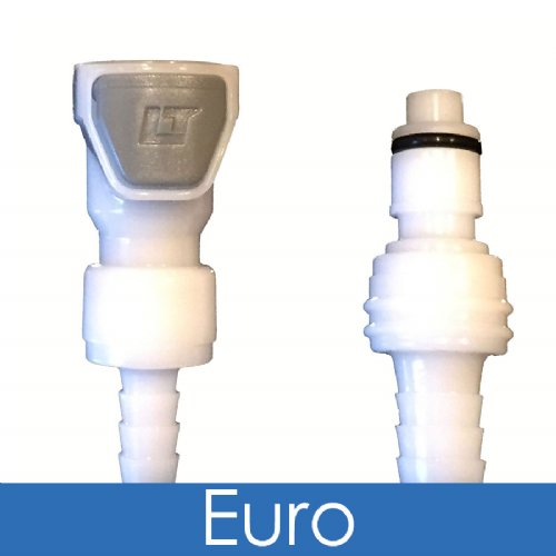 A pair of Tab Euro Plastic Tab Couplings  shown. Professional quality high flow, dry, quick disconnect couplings with plastic tab on the female to disconnect.