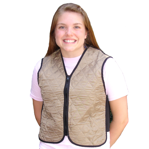 Woman wearing a khaki evaporative cooling vest