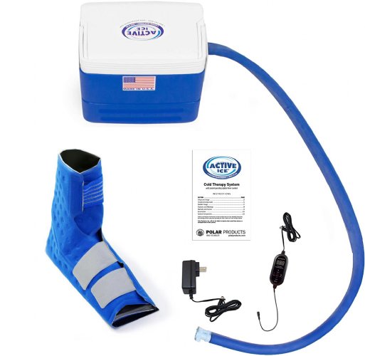 Active Ice 3.0 Double Foot & Ankle Cold Therapy system with blue 9 Quart Cooler by itself against a white background
