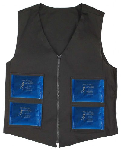 A man in scrubs wearing a black fashion vest and two koolmax cooling packs are next to him