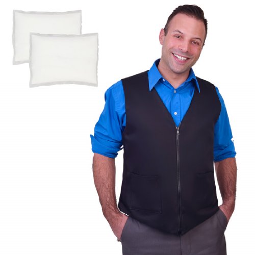 A man wearing a black fashio vest and two cool58 cooling packs are next to him