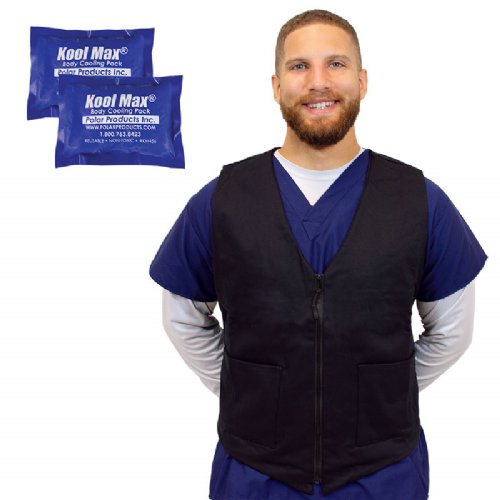 A man in scrubs wearing a black fashion vest and two koolmax cooling packs are next to him