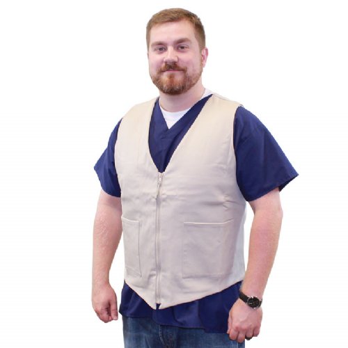 A man in scrubs wearing a khaki fashion vest 