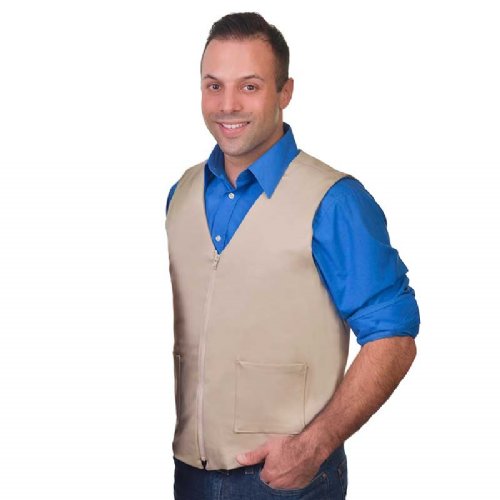 A man wearing a Khaki fashion vest is shown