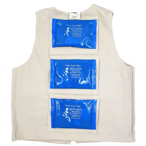 A khaki fashion vest is shown with three cold packs placed going down the spine