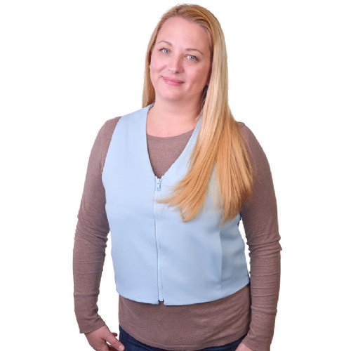 a woman is shown wearing a light blue fashion vest