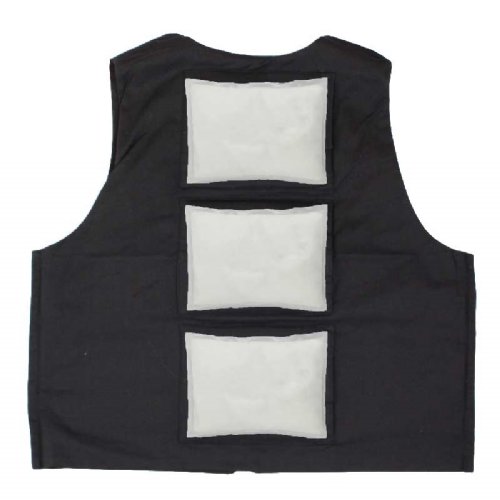 A black fashion vest is shown with three cold packs placed going down the spine