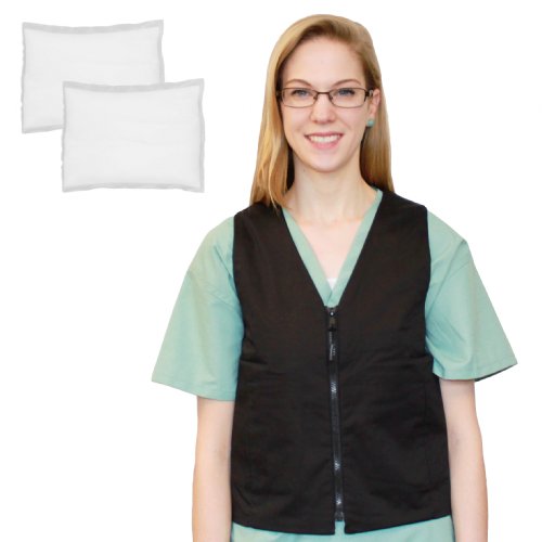 a woman in scrubs wearing a black fashion vest two cool58 packs are shown next to her