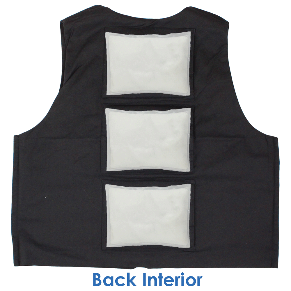 Back interior of Cool58 women's fashion vest with three pack pockets and three 4.5 x 6 inch Cool58 phase change cooling packs
