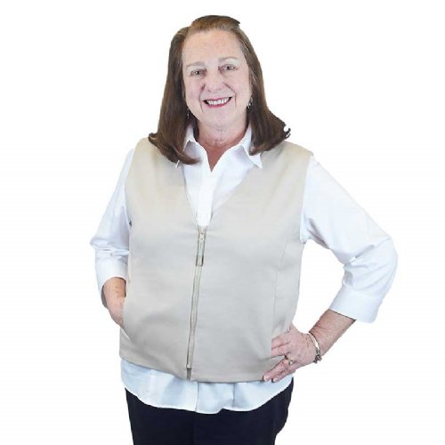 a woman is wearing a khaki fashion vest