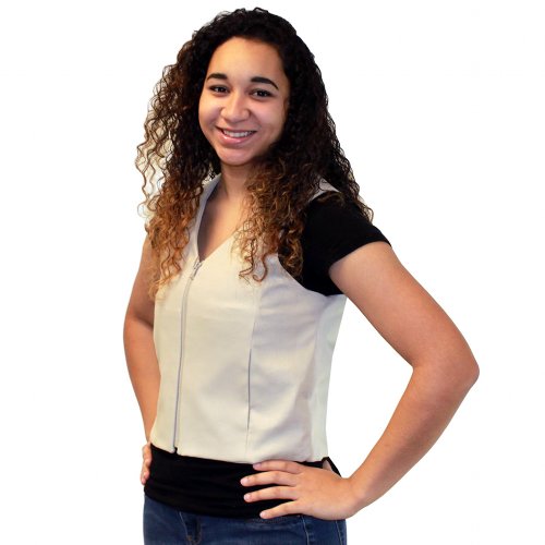 a teen wearing a khaki fashion vest two cool58 packs are shown next to her