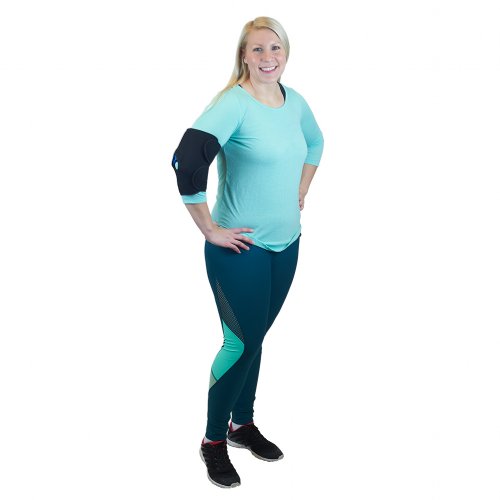 Atheletic woman wearing hot and cold ice pack with elbow cold wrap
