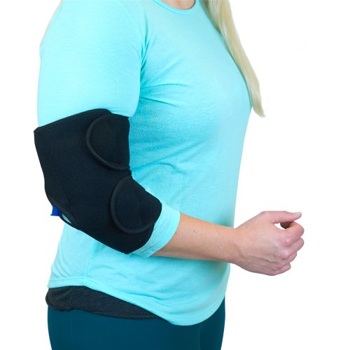 Atheletic woman wearing hot and cold ice pack with elbow cold wrap