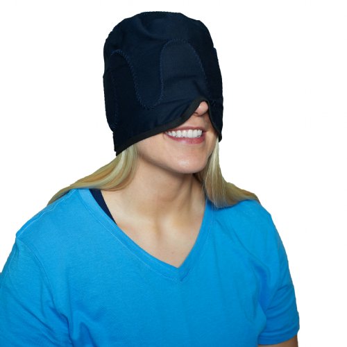 A Woman is wearing an Active Ice3.0 Circulating Cold Water Therapy Extended Headcap. The Cap goes over her scalp and eyes
