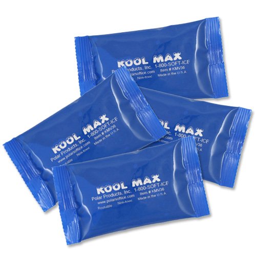 Four 4.5 by 6 inch KoolMax cooling packs that go in a Polar Products Leg and Groin Wrap 