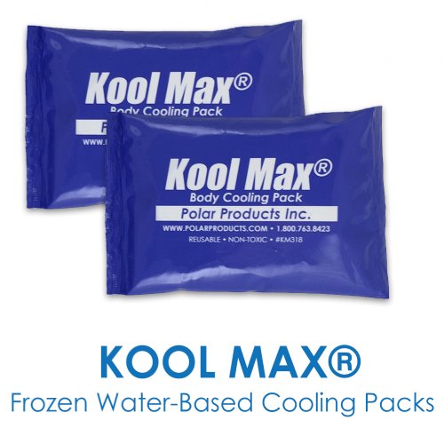 Two KoolMax cooling packs with text saying Frozen water-based coolings packs 