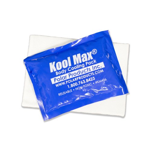 A KoolMax pack placed on top of a white cooling pack cover. 