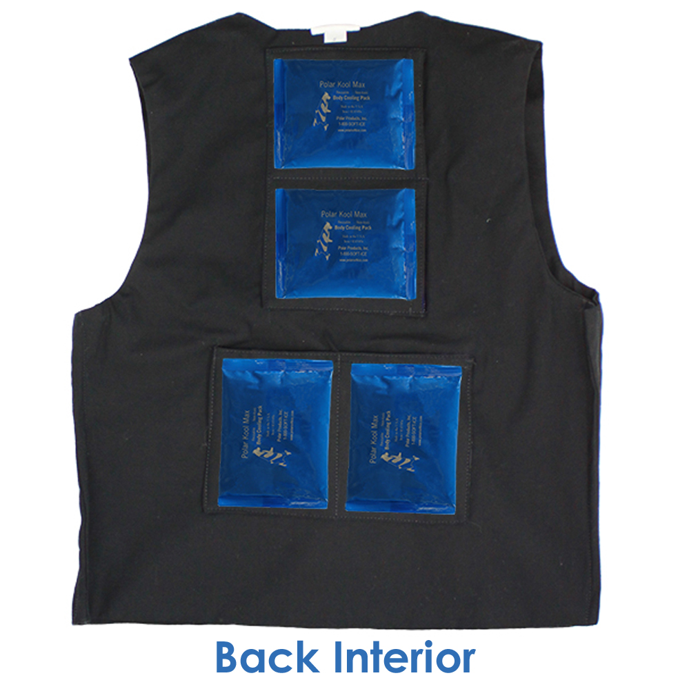 Back interior of Kool Max men's fashion cooling vest with four pack pockets and four 4.5 x 6 inch kool max cooling packs
