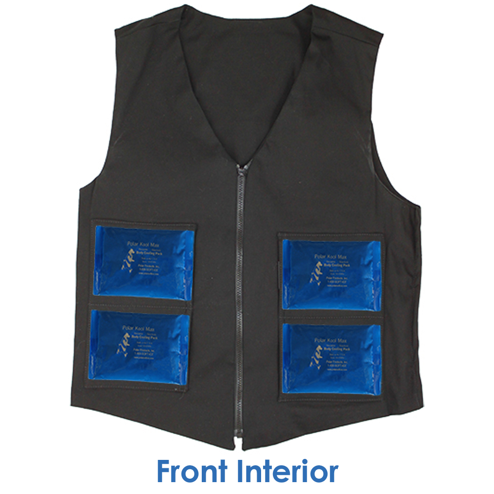 Front interior of Kool Max men's fashion cooling vest with four pack pockets and four 4.5 x 6 inch kool max cooling packs