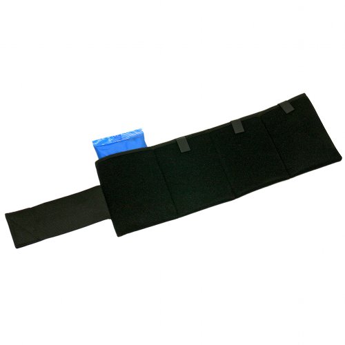 A black Polar Products leg and groin wrap shown on a flat surface with a Kool Max Cooling pack poking out one of the wraps pockets
