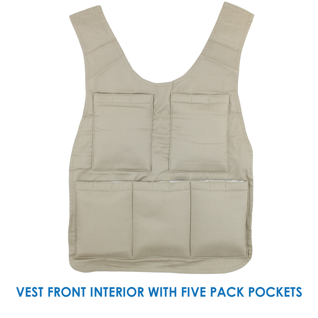 Front interior of a Kool Max cooling vest with five pack pockets