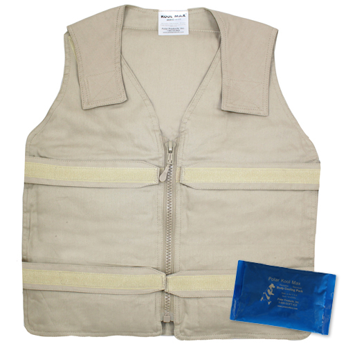 Khaki Kool Max adjustable zipper front vest with a Kool Max 4.5 x 6 inch cooling pack