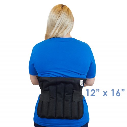 Woman wearing the medium universal moist heat therapy wrap on their back