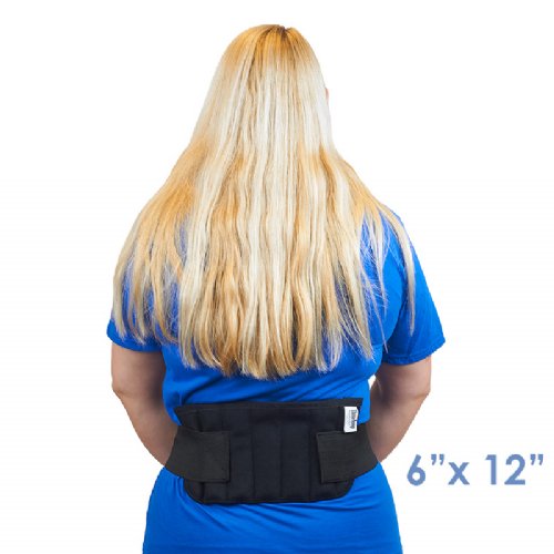 Woman wearing the smallest universal moist heat therapy wrap on their back
