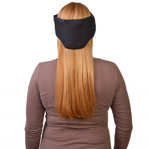 a woman wearing a Moist Heat Cervical pain therapy wrap around her head