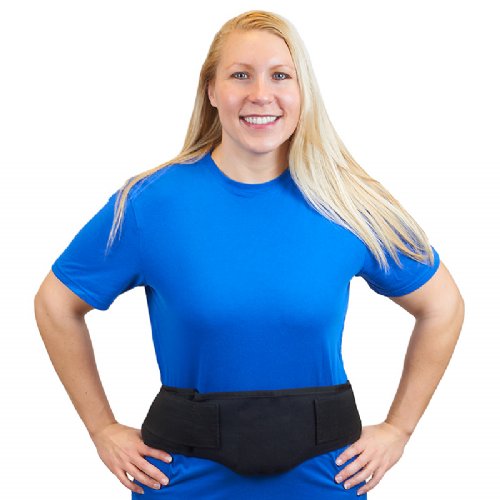 a woman wearing a Moist Heat Cervical pain therapy wrap around her waist