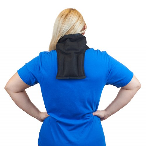 A woman wearing a Moist Heat Neck and Upper Spine Wrap shown going down her back